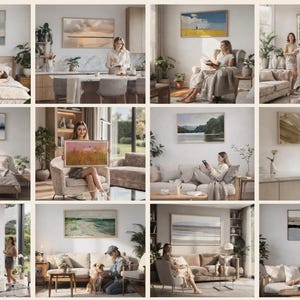 May include: A collection of twelve interior scenes featuring various framed landscape and abstract wall art pieces displayed in living rooms, bedrooms, and kitchens, showcasing diverse settings with neutral furniture, soft lighting, and home decor.