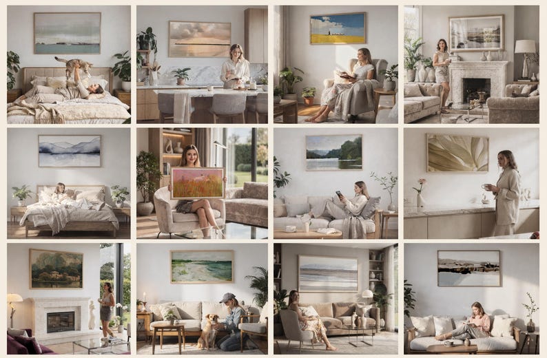 May include: A collection of twelve interior scenes featuring various framed landscape and abstract wall art pieces displayed in living rooms, bedrooms, and kitchens, showcasing diverse settings with neutral furniture, soft lighting, and home decor.