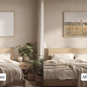 May include: A bedroom scene featuring a wooden bed frame, a bed with white linens and a beige blanket. A framed artwork hangs above the bed. The room is decorated with plants and a nightstand. The image shows a before and after comparison of the artwork.