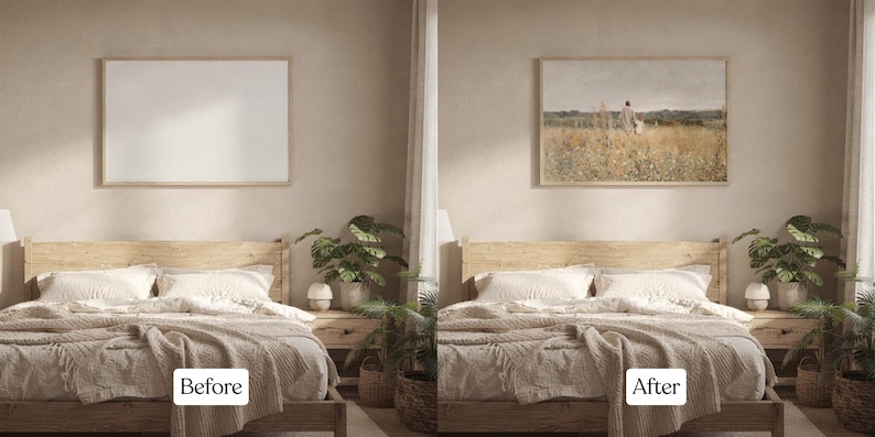 May include: A bedroom scene featuring a wooden bed frame, a bed with white linens and a beige blanket. A framed artwork hangs above the bed. The room is decorated with plants and a nightstand. The image shows a before and after comparison of the artwork.