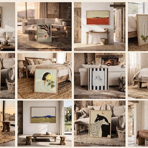 May include: A collection of twelve framed wall art prints featuring diverse illustrations, including landscapes, abstract botanical designs, animal motifs, and figures, displayed in various interior settings with neutral tones and wooden frames.