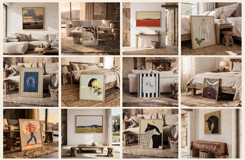 May include: A collection of twelve framed wall art prints featuring diverse illustrations, including landscapes, abstract botanical designs, animal motifs, and figures, displayed in various interior settings with neutral tones and wooden frames.