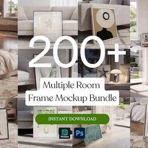 Può includere: Una collezione digitale di oltre 200 mockup di cornici per diverse stanze, che mostra vari interni con opere d'arte incorniciate. Il pacchetto include diversi stili artistici, come forme astratte, motivi floreali e illustrazioni botaniche.