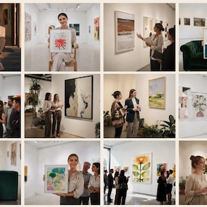 May include: A collage of twelve photographs showcasing various art gallery scenes, featuring individuals interacting with framed paintings, abstract wall art, and botanical illustrations displayed within a bright, modern exhibition space.