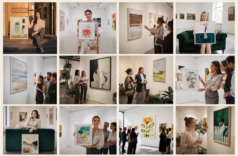 May include: A collage of twelve photographs showcasing various art gallery scenes, featuring individuals interacting with framed paintings, abstract wall art, and botanical illustrations displayed within a bright, modern exhibition space.