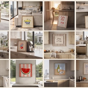 May include: A collection of twelve square framed wall art prints featuring various kitchen-themed illustrations, including text-based designs, fruit motifs, wine glasses, and fish, all displayed in light wood frames within home kitchen settings.
