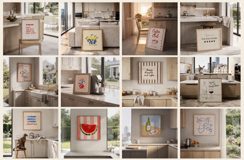 May include: A collection of twelve square framed wall art prints featuring various kitchen-themed illustrations, including text-based designs, fruit motifs, wine glasses, and fish, all displayed in light wood frames within home kitchen settings.