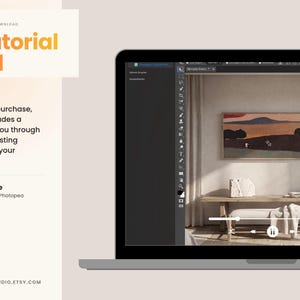 May include: A digital mockup file displayed on a laptop screen showing a landscape painting above a wooden bench. The interface includes Photoshop and Photopea icons with text stating Video Tutorial Included and PSD Compatible for editing.