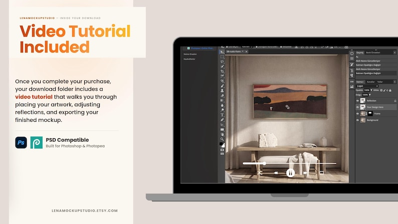 May include: A digital mockup file displayed on a laptop screen showing a landscape painting above a wooden bench. The interface includes Photoshop and Photopea icons with text stating Video Tutorial Included and PSD Compatible for editing.