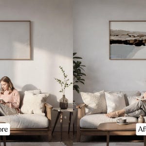 May include: A living room scene with a woman reading on a light-colored sofa. Above the sofa, a framed artwork hangs on the wall. The image is split, showing the room before and after the artwork is hung. The text "Before" and "After" is visible.