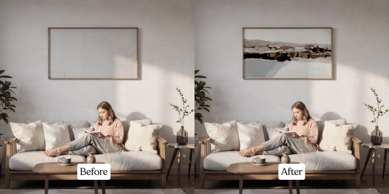 May include: A living room scene with a woman reading on a light-colored sofa. Above the sofa, a framed artwork hangs on the wall. The image is split, showing the room before and after the artwork is hung. The text "Before" and "After" is visible.