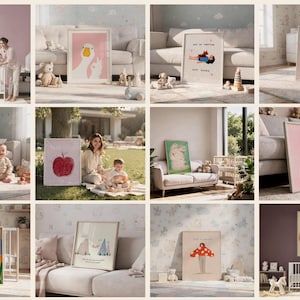May include: A collection of twelve framed wall art prints featuring various illustrations including a horse, a goose, a polar bear, an apple, a heart, and abstract figures, displayed in diverse home settings like nurseries and living rooms.