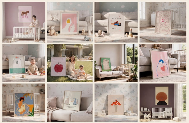 May include: A collection of twelve framed wall art prints featuring various illustrations including a horse, a goose, a polar bear, an apple, a heart, and abstract figures, displayed in diverse home settings like nurseries and living rooms.
