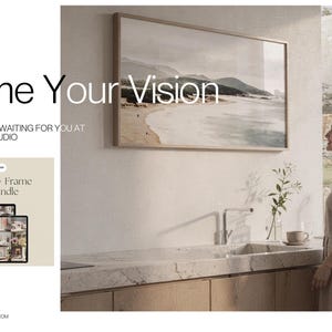 May include: A framed landscape art print hangs above a kitchen counter. The image features the text "Frame Your Vision" and a promotional graphic for a mockup bundle. A woman stands near a window, looking at the artwork.