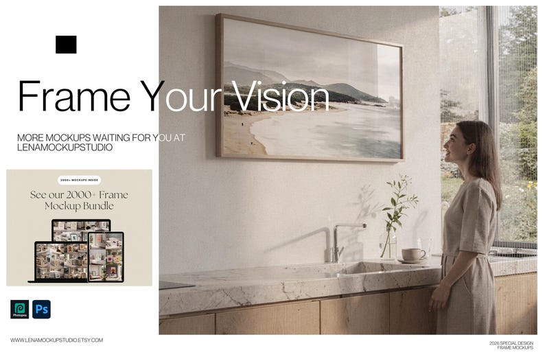 May include: A framed landscape art print hangs above a kitchen counter. The image features the text "Frame Your Vision" and a promotional graphic for a mockup bundle. A woman stands near a window, looking at the artwork.
