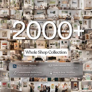 Oltre 2000 mockup di cornici definitive - Collezione completa per negozio, mockup di quadri in formato PSD, compatibili con Photoshop e Photopea