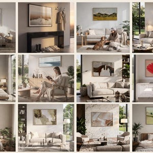 May include: A collection of twelve interior room scenes featuring various framed wall art prints displayed above furniture such as beds, sofas, and consoles. The images showcase diverse artistic styles including landscapes, abstract patterns, and floral motifs.