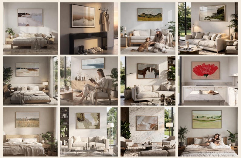 May include: A collection of twelve interior room scenes featuring various framed wall art prints displayed above furniture such as beds, sofas, and consoles. The images showcase diverse artistic styles including landscapes, abstract patterns, and floral motifs.