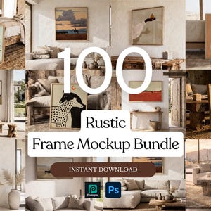 Pacote com 100 Mockups de Molduras Rústicas para Interiores | Mockups de Arte de Parede | Mockup PSD com Objeto Inteligente | Compatível com Photoshop e Photopea