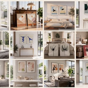 May include: A collage of twelve interior scenes showcasing various framed wall art prints, including abstract geometric shapes, botanical illustrations, animal portraits, and landscape designs displayed in living rooms, bedrooms, and hallways.