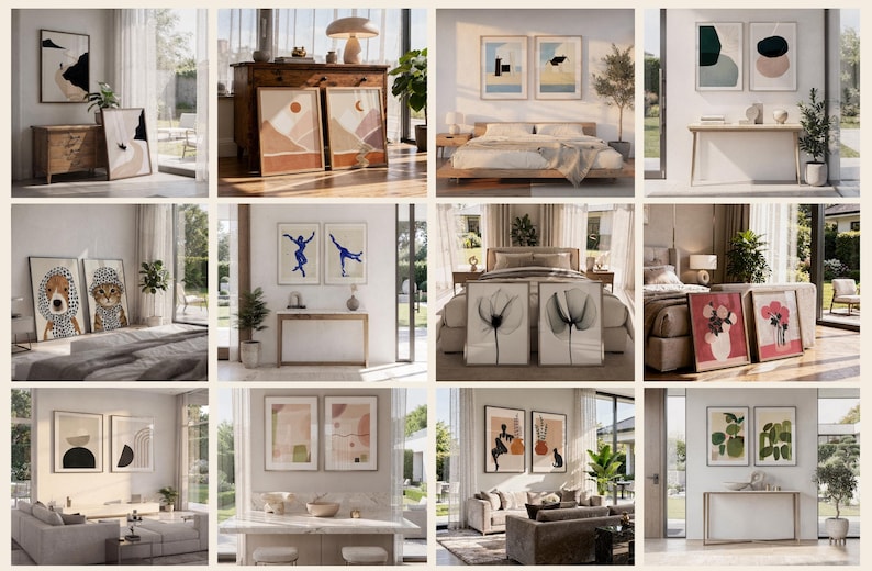 May include: A collage of twelve interior scenes showcasing various framed wall art prints, including abstract geometric shapes, botanical illustrations, animal portraits, and landscape designs displayed in living rooms, bedrooms, and hallways.