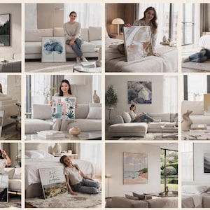 May include: A collection of twelve square framed wall art prints featuring diverse artistic styles including landscapes, abstract patterns, and architectural illustrations, displayed in various home interior settings like living rooms and bedrooms.
