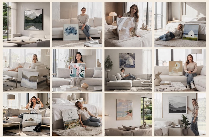 May include: A collection of twelve square framed wall art prints featuring diverse artistic styles including landscapes, abstract patterns, and architectural illustrations, displayed in various home interior settings like living rooms and bedrooms.