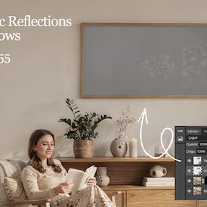 May include: A living room scene with a woman reading a book in a chair. A wooden cabinet holds plants, vases, and candles. A large framed gray rectangle hangs on the wall. Text on the wall reads "Realistic Reflections & Shadows Zoom %55".