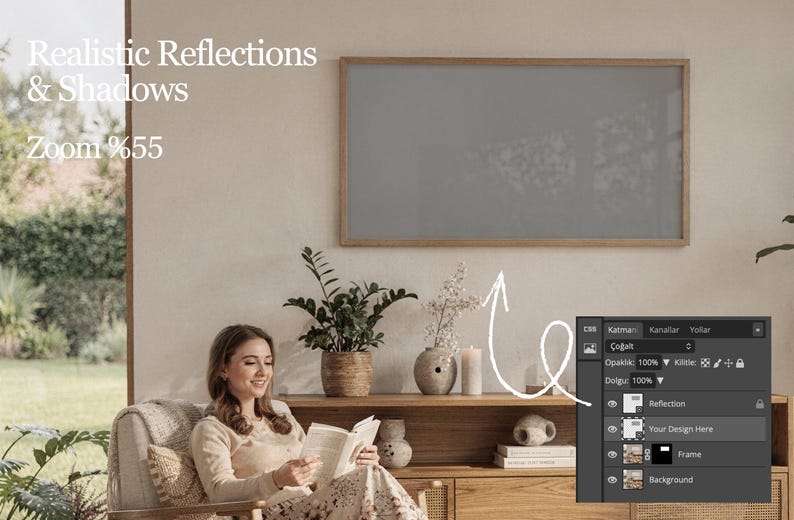 May include: A living room scene with a woman reading a book in a chair. A wooden cabinet holds plants, vases, and candles. A large framed gray rectangle hangs on the wall. Text on the wall reads "Realistic Reflections & Shadows Zoom %55".