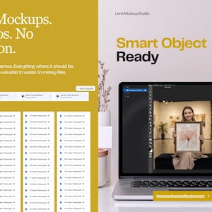 May include: A digital product display featuring a laptop screen showing a photo editing interface with a person holding a framed floral print. The left side displays a mustard yellow panel with the text 2000+ Mockups. No Chaos. No Confusion.