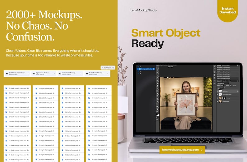 May include: A digital product display featuring a laptop screen showing a photo editing interface with a person holding a framed floral print. The left side displays a mustard yellow panel with the text 2000+ Mockups. No Chaos. No Confusion.