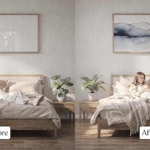 May include: A bedroom scene with a bed, nightstands, and artwork. The bed is made with beige bedding and a patterned throw. A person is reading a book on the bed. Two potted plants sit on the nightstands.