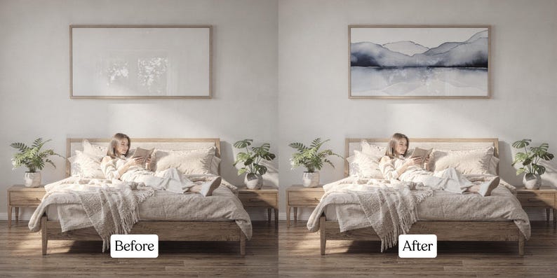 May include: A bedroom scene with a bed, nightstands, and artwork. The bed is made with beige bedding and a patterned throw. A person is reading a book on the bed. Two potted plants sit on the nightstands.