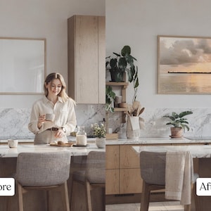 May include: A kitchen scene with a woman holding a mug. The kitchen features wooden cabinets, a marble countertop, and a framed landscape painting. The image is labeled "Before" and "After", showing the change from a blank frame to the landscape.