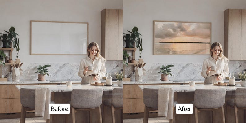 May include: A kitchen scene with a woman holding a mug. The kitchen features wooden cabinets, a marble countertop, and a framed landscape painting. The image is labeled "Before" and "After", showing the change from a blank frame to the landscape.