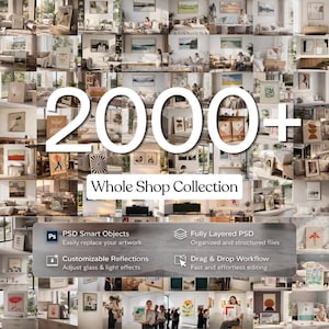 Pode incluir: Uma coleção digital de mais de 2000 maquetes de design de interiores com várias artes de parede emolduradas em diversos espaços de convivência. A imagem inclui o texto 2000+ Whole Shop Collection, PSD Smart Objects e Drag & Drop Workflow.