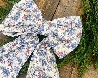 Vintage Christmas Print Large Fabric Bow Santa Fabric Bow Door Bow Front Door Bow Large Fabric Bow Oversized Door Bow