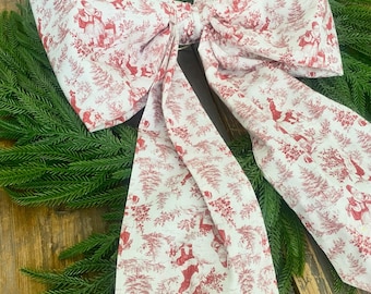 Vintage Red Santa Door Bow Christmas Door Bow Oversized Christmas Bow Oversized Tree Bow Vintage Santa Toile Print Oversized Wreath Bow
