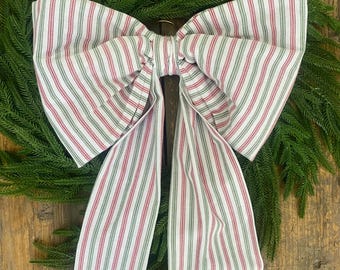 Red and White Striped Door Bow Christmas Door Bow Oversized Christmas Bow Oversized Tree Bow Vintage Santa Toile Print Oversized Wreath Bow
