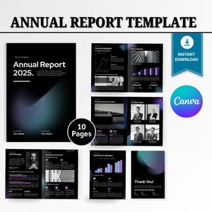 May include: An annual report template featuring a 10-page layout with a black background, purple gradient accents, and white text. The design includes charts, graphs, and placeholders for photos, with the text Annual Report 2025 visible.