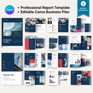May include: A professional business plan report template for Canva featuring a dark blue and white color scheme with red accents. The layout includes multiple pages showing company profiles, mission statements, market analysis, and data charts.