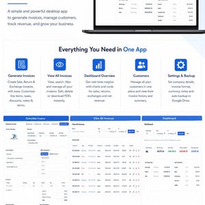 May include: A digital marketing graphic for Simple Invoice Generator, a desktop application. It displays a laptop screen showing a dashboard, feature icons for invoice management, and screenshots of the interface for generating invoices.