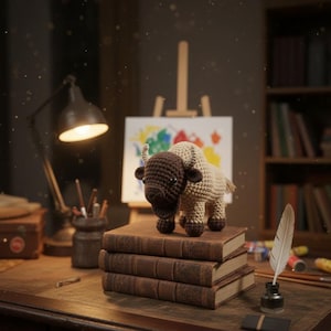May include: A crocheted bison figurine in brown and cream colors stands atop a stack of old books. The bison is on a wooden desk with a vintage lamp, art supplies, and a painting on a small easel in the background. The scene evokes a cozy, artistic atmosphere.