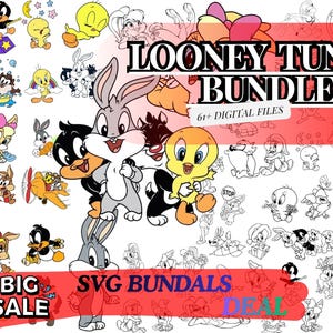 Pode incluir: Um pacote digital com personagens dos Looney Tunes, incluindo Pernalonga, Patolino e Piu-Piu. A imagem inclui o texto "LOONEY TUNES BUNDLE" e "BIG SALE". O pacote contém mais de 61 arquivos digitais.