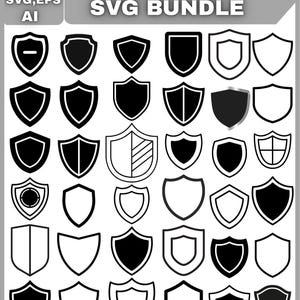 May include: A collection of shield designs in black and white. The image includes various shield shapes, some with outlines and others filled in. Text at the top reads "SHIELD SVG BUNDLE" with file type indicators like JPG, PNG, SVG, EPS, and AI.