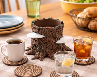 Tree Stump Coaster Set (Set of 8) – Rustic Woodland Drink Coasters with Holder