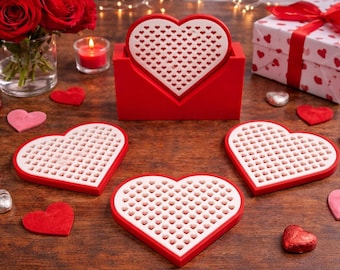 Valentine’s Day Heart Coasters with Holder – Romantic Coffee & Drink Coaster Set