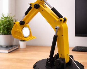 Luminária de mesa em formato de braço de escavadeira – Sistema hidráulico totalmente articulado impresso em 3D | Construção | Presente exclusivo de iluminação industrial