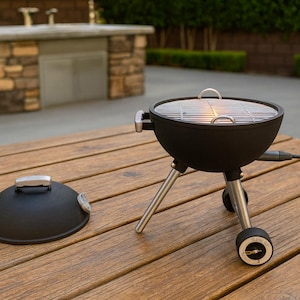 May include: A black charcoal grill with a lid and a cooking grate, set on a wooden table. The grill has three silver legs and a handle on the lid. The lid is off to the side. The grill is designed for outdoor cooking.