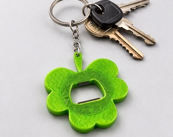 3D Printed Clover Keychain with Bottle Opener, Flexible Lucky Charm Bag Accessory.